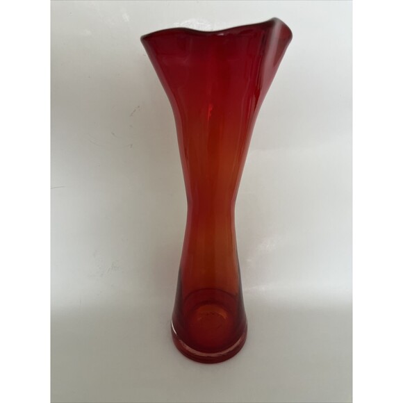 Tall Hand blown MCM Swung Vase Ombre Red Orange Art Glass Amberina 13.5” Fluted - Picture 1 of 11